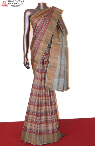 Handloom Printed Tussar Silk Saree